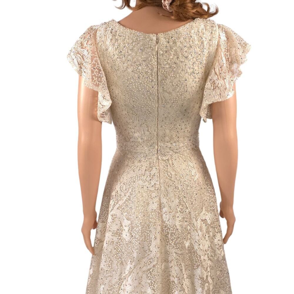 Mac Duggal Flutter Sleeve V-Neck Gown Ivory Nude Formal Maxi Beaded FLAWED - Picture 9 of 16